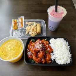 Sesame Chicken lunch special included egg drop soup and one spring roll. Taro bubble tea purchased separately. (3.7.24) Sesame Chicken lunch special included egg drop soup and one spring roll. Taro bubble tea purchased separately. (3.7.24)