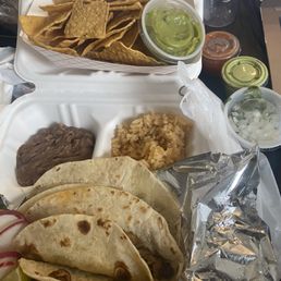 Mixed Taco Platter - served with rice and beans. A lot chips for the only size guacamole offered.