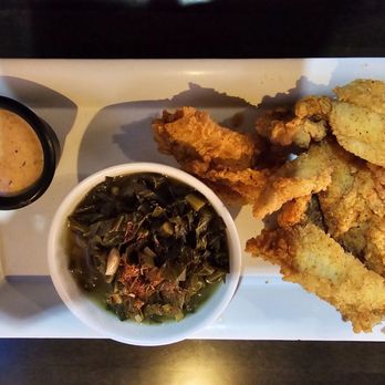Acadian Grille Scratch Kitchen - Catfish platter with greens. - Cajun/Creole Near Me - Omaha, Nebraska Acadian Grille Scratch Kitchen - Catfish platter with greens. - Cajun/Creole Near Me - Omaha, Nebraska