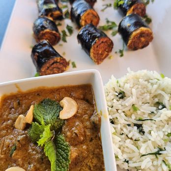 Sanskrit - New Age Indian - Sanskrit Vegan Pahadi Curry with Rice and the Seaweed Tofu Tikka Roll - Indian Near Me - Folsom, California Sanskrit - New Age Indian - Sanskrit Vegan Pahadi Curry with Rice and the Seaweed Tofu Tikka Roll - Indian Near Me - Folsom, California