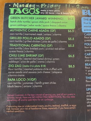 Menu photo 2 Willie's Taco Joint Phoenix, AZ