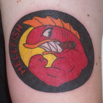 Creative Visions - Boyfriend's Flying Hellfish tattoo on his left bicep. By Raph. This picture was taken the day after. - Tattoo Near Me - Seaside, California