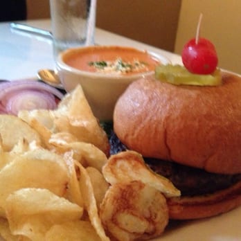 128 Pecan - Justa Burger with chips and tomato bisque soup - New American Near Me - Abingdon, Virginia 128 Pecan - Justa Burger with chips and tomato bisque soup - New American Near Me - Abingdon, Virginia