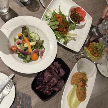 Basalt - Mixed greens, gochujang pork belly, shrimp ceviche w taro chips, duck empanadas - New American Near Me - Honolulu, Hawaii
