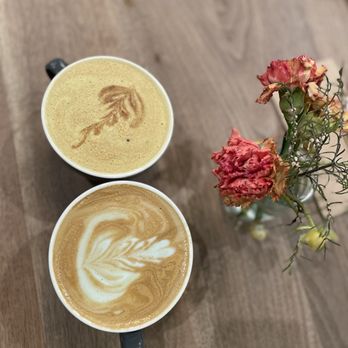 The Press - Lavender Latte with the white foam design & Golden Latte with the brown design! Deliciously HOT! - Coffee & Tea Near Me - Livermore, California