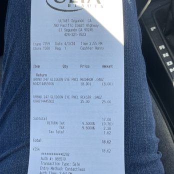 Ulta Beauty - Receipt - Cosmetics & Beauty Supply Near Me - El Segundo, California Ulta Beauty - Receipt - Cosmetics & Beauty Supply Near Me - El Segundo, California