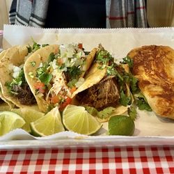 Taqueria Munoz - Cabeza, pollo, and birria tacos. Chicken tamale.