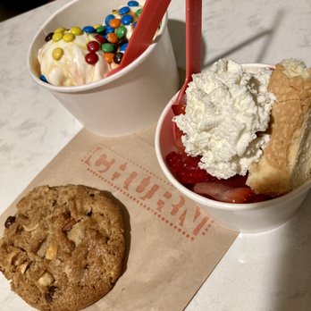 Churn - Two scoops sweet cream with caramel sauce and M&Ms, small strawberry shortcake, and one kitchen sink cookie! - Ice Cream & Frozen Yogurt Near Me - Phoenix, Arizona Churn - Two scoops sweet cream with caramel sauce and M&Ms, small strawberry shortcake, and one kitchen sink cookie! - Ice Cream & Frozen Yogurt Near Me - Phoenix, Arizona