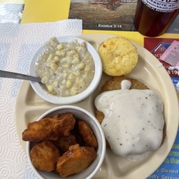 Country fried steak with gravy  Corn  Fried squash  Mashed potatoes