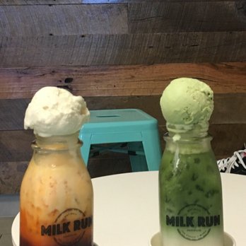 Milk Run - Thai tea float with honey vanilla ice cream and the matcha green tea float with matcha ice cream. - Coffee & Tea Near Me - Phoenix, Arizona Milk Run - Thai tea float with honey vanilla ice cream and the matcha green tea float with matcha ice cream. - Coffee & Tea Near Me - Phoenix, Arizona