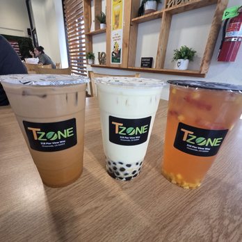 Tzone - Oceanside - Left to right...Thai Iced Coffee. Strawberry milk tea with mango milk and boba (secret drink menu!), Secret Garden - Bubble Tea Near Me - Oceanside, California