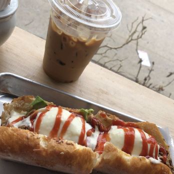 Maya Congee Cafe - Breakfast Sando with Both Avocado and Pork Confit & Vietnamese Iced Coffee - Coffee & Tea Near Me - Brooklyn, New York