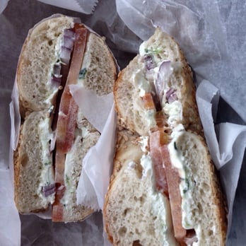 Kupel's Bakery - The Boylston on Sesame bagel: chive cream cheese, red onion and tomato - Bakeries Near Me - Brookline, Massachusetts