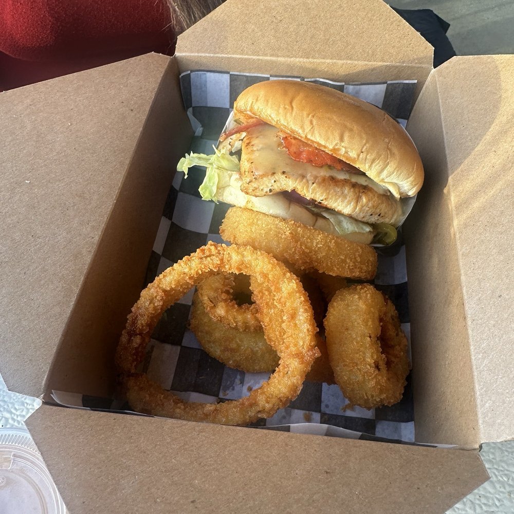 Grilled chicken bacon burger.  And legit onion rings.