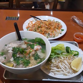 Triple-T - Wonton soup with shrimp , chicken , beef , and egg noodles and a plate of shrimp fried rice - Noodles Near Me - Gardena, California
