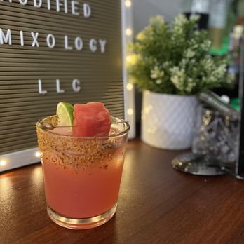 Modified Mixology - CucumberWatermelon Mezcal Margarita with tajin rim - Bartenders Near Me Modified Mixology - CucumberWatermelon Mezcal Margarita with tajin rim - Bartenders Near Me