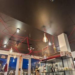 Britannia Coffeehouse - There's always a little surprise depending where you sit. Today it was the fabulous red utility cord lighting that caught my eye.