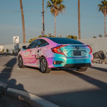 Illusive Wraps - Honda civic fully wrap in neo chrome with side panda graphics. - Vehicle Wraps Near Me - Palm Springs, California