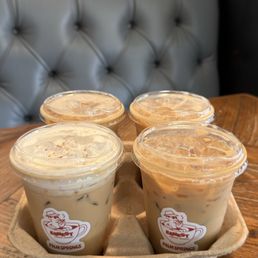 vanilla latte, caramel latte, cookie butter latte w foam vanilla latte, caramel latte, cookie butter latte w foam