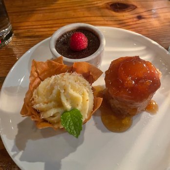 Bida Manda - Trio Plate Chocolate Creme brûlée, apricot cobbler, coconut custard in a crispy shell - Laotian Near Me - Raleigh, North Carolina