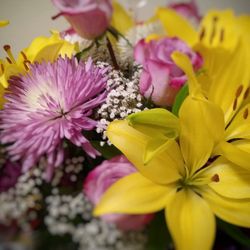 Mixed floral arrangement, including yellow lilys, pink and white spider mums, and pink roses.
