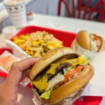 In-N-Out Burger - single animal style cheeseburger and hamburgers, extra lettuce, extra tomato, toasted buns, and an animal fries and neopolitan shake - Burgers Near Me - Kettleman City, California