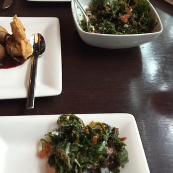 Rasika West End - Palak Chaat and Sweet Potato Samosas plated in a Raspberry Sauce - Indian Near Me - Washington, DC, District of Columbia