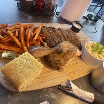Beach Pit BBQ - Our Friends 1/2 Rack, another Meat, Cornbread and Sweet Potato Fries - Barbeque Near Me - Costa Mesa, California