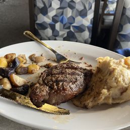 NY Strip, smashed potatoes and root vegetable medley