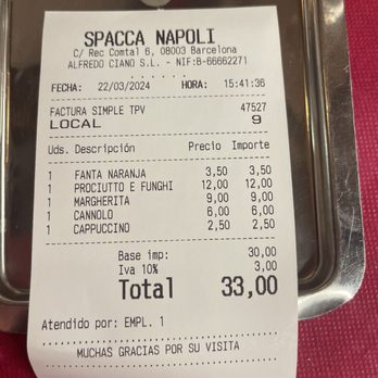 Restaurant Spaccanapoli Da Daniele - The bill - Italian Near Me - Barcelona, B Restaurant Spaccanapoli Da Daniele - The bill - Italian Near Me - Barcelona, B
