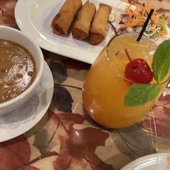 Thonglor Thai Bistro - Veggie 4. Vegetarian Egg Rolls Peanut Sauce mango mock tail drink - Thai Near Me - San Mateo, California Thonglor Thai Bistro - Veggie 4. Vegetarian Egg Rolls Peanut Sauce mango mock tail drink - Thai Near Me - San Mateo, California