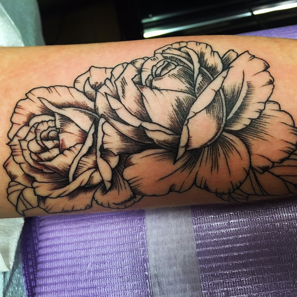 Lark Street Tattoo - Roses on my bicep done by Kyle - Tattoo Near Me - Albany, New York Lark Street Tattoo - Roses on my bicep done by Kyle - Tattoo Near Me - Albany, New York