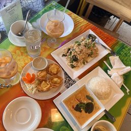 Phanaeng curry, crab Rangoon, spicy rice, Thai tea Phanaeng curry, crab Rangoon, spicy rice, Thai tea