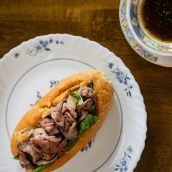 Shaved roast beef french dip sandwich