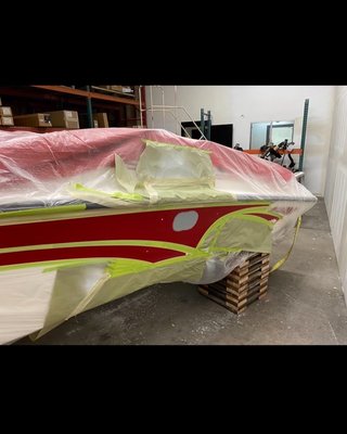 Paint correction - This is a before and after on a 26’ fountain. The first picture is prepped to paint with fixing a gouge on the side of the boat. We then lay down a base coat followed by clear coat to get the shine back! Full cut and polish to send this boat off right. Paint correction - This is a before and after on a 26’ fountain. The first picture is prepped to paint with fixing a gouge on the side of the boat. We then lay down a base coat followed by clear coat to get the shine back! Full cut and polish to send this boat off right.