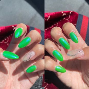 Nail Story - Halloween/Winter nails - chrome + neon combo w/ silver foil design - Nail Salons Near Me - Honolulu, Hawaii