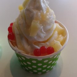 The Yogurt Shoppe - Vanilla frozen yogurt with pineapple, cherry bobas and white chocolate syrup!