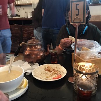 Aleppo Sweets - Lentil soup, baba ghanoush for dipping the pita bread, large pot of tea - Syrian Near Me - Providence, Rhode Island