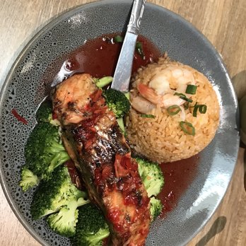 Thai BBQ - Salmon in tamarind sauce with shrimp fried rice $17 - Thai Near Me - Las Vegas, Nevada Thai BBQ - Salmon in tamarind sauce with shrimp fried rice $17 - Thai Near Me - Las Vegas, Nevada