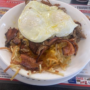 Waffle House - Hashbrown bowl with 1/2 sausage 1/2 bacon - Breakfast & Brunch Near Me - Castle Rock, Colorado Waffle House - Hashbrown bowl with 1/2 sausage 1/2 bacon - Breakfast & Brunch Near Me - Castle Rock, Colorado