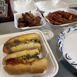 Chiddy'S Cheese Steaks Of Oakdale - Teriyaki wings, cheesesteak with mushrooms and extra wiz, sweet potato fries. YUM!!!