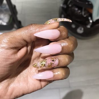 Long Beach Nails & Spa - Finished product. Stiletto nails with gold flakes. - Nail Salons Near Me - Long Beach, California Long Beach Nails & Spa - Finished product. Stiletto nails with gold flakes. - Nail Salons Near Me - Long Beach, California
