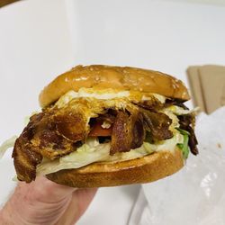 Egg and Bacon Breakfast Sandwich on a burger bun.