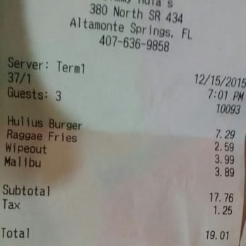 Jimmy Hula's - The bill. - Hawaiian Near Me - Altamonte Springs, Florida