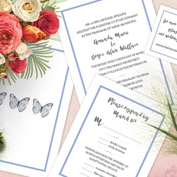 Paper Doll Invitations - wedding invitation suite with blue border and butterflies printed on back - Cards & Stationery Near Me