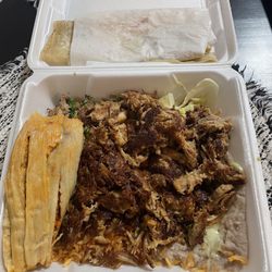 Rodolfos Mexican Grill - Carnitas plate w/ a pork tamal. So good!