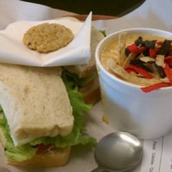 Chicken enchilada soup with a Mexi- Veggie sandwich.