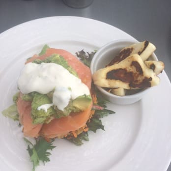 Armory Wharf Cafe - Sweet potato and coriander cake served with avocado and salmon and a side of haloumi! - Cafes Near Me - Newington, NSW