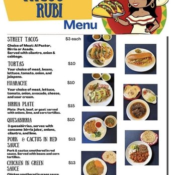 Tacos Rubi - Menu (Las carnes de los tacos tambien son las carnes eligibles para los huaraches y tortas, mas pollo) - Food Trucks Near Me - Hillsboro, Texas Tacos Rubi - Menu (Las carnes de los tacos tambien son las carnes eligibles para los huaraches y tortas, mas pollo) - Food Trucks Near Me - Hillsboro, Texas