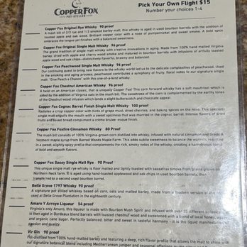 Copper Fox Distillery - Flight menu side 1 - Distilleries Near Me - Williamsburg, Virginia